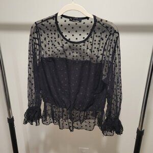 Sheer Black Polka Dot Ruffle Blouse